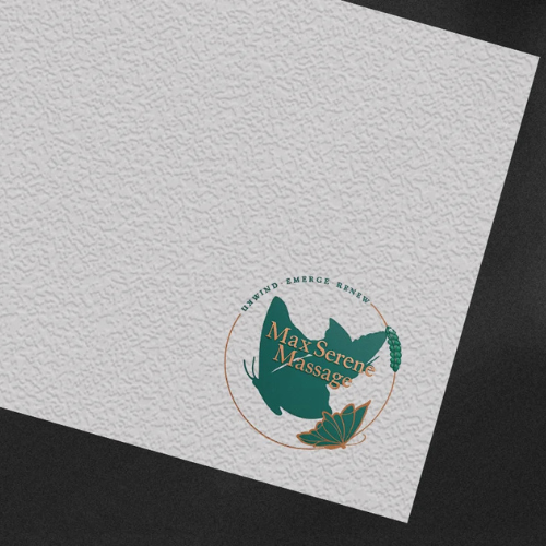 Max Serene Massage logo design featuring botanical elements and calming earth tones