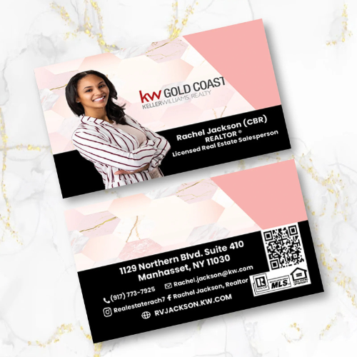 Front and back business card design for real estate agent Rachel Jackson of KW Gold Coast featuring professional headshot and contact information