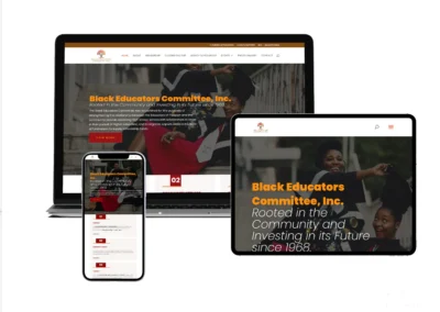 Responsive nonprofit website design for Black Educators Committee displayed on desktop, tablet, and mobile devices