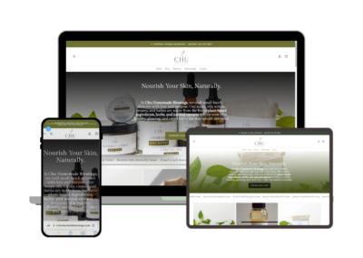 Responsive website design for Chu Homemade Blessings showcasing natural handmade skincare products on desktop and mobile devices