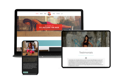 Responsive fitness coach website design for Fit Outside the Box displayed on desktop, tablet, and mobile devices