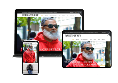 Responsive fashion e-commerce website design for FashionPowWow displayed on desktop, tablet, and mobile devices