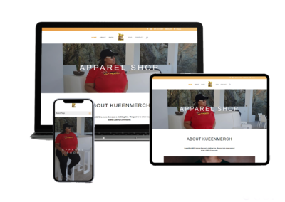 Responsive e-commerce apparel website design for Kueen Merch NYC displayed on desktop, tablet, and mobile devices