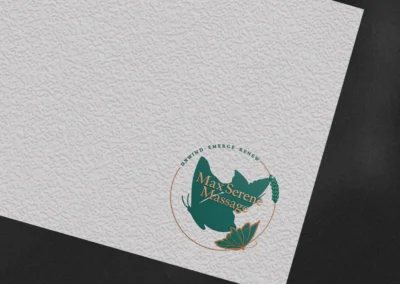 Elegant botanical logo design for Max Serene Massage featuring butterfly and earthy tones
