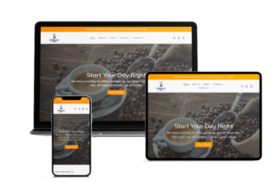 Responsive ecommerce coffee website design by Watermint Crest displayed on desktop, tablet, and mobile devices