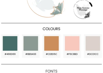 Brand identity board for Max Serene Massage featuring primary logo, submark, color palette, and typography selections