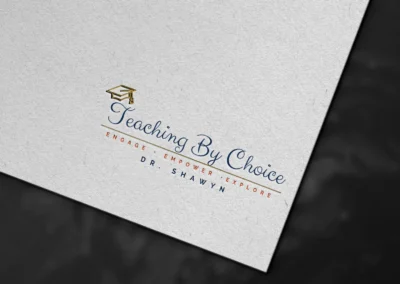 Logo design for Teaching By Choice featuring script typography, academic icon, and gold accent details