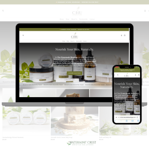 Responsive website design for Chu Homemade Blessings showcasing natural handmade skincare products on desktop and mobile devices