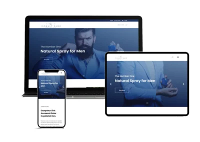 Responsive men’s fragrance e-commerce website design for Cobalt Blue displayed on desktop, tablet, and mobile devices