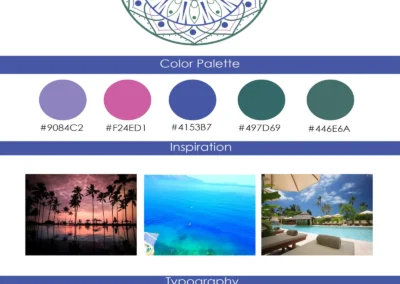 Brand identity board for Soul Evolution featuring mandala logo, color palette, inspiration imagery, and typography selections