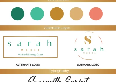 Brand identity board for Sarah Wedel featuring primary logo, alternate logos, submark, color palette, and typography