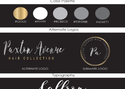 Brand identity board for Paxton Avenue Hair Collection featuring primary logo, alternate logos, color palette, and typography