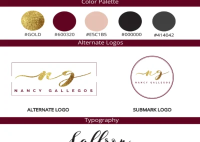 Brand identity board for Nancy Gallegos featuring primary logo, alternate logos, submark, color palette, and typography