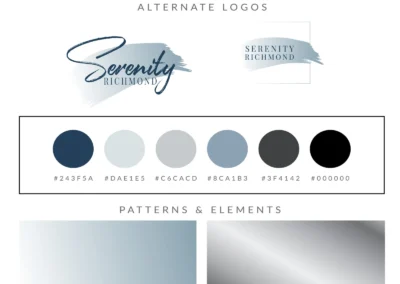Brand identity board for Serenity Richmond featuring main logo, alternate logos, color palette, patterns, and typography