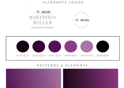 Brand identity board for Martishia Miller featuring main logo, alternate logos, color palette, patterns, and typography