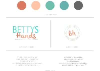 Brand identity board for Bettys Hands Pediatric Nursing Agency featuring main logo, alternate logo, submark, color palette, and typography