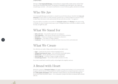 Chu Homemade Blessings Shopify About page highlighting brand story, values, and founder background
