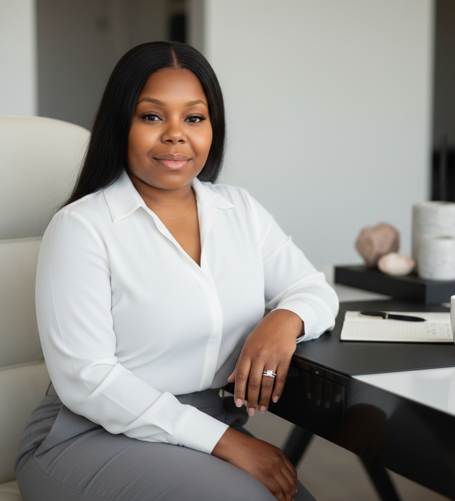 Lakeasha Jackson, founder of Watermint Crest, seated at her desk in a professional office setting