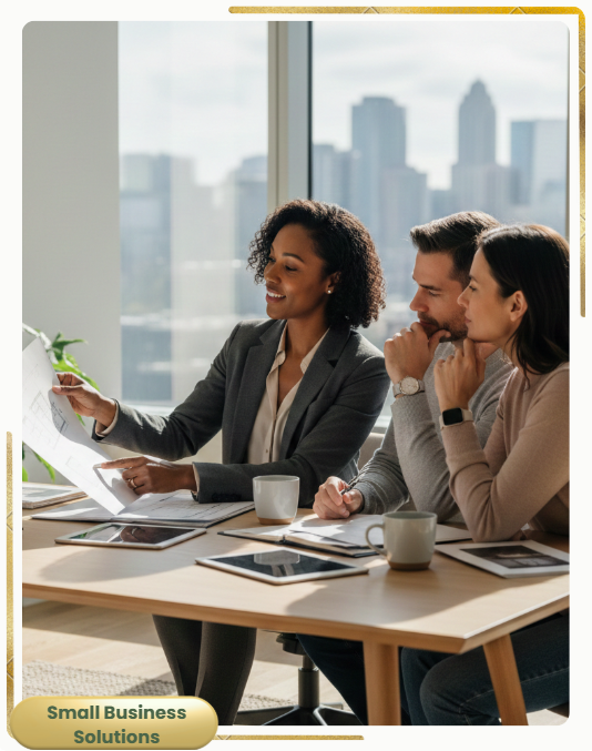 Business consultant presenting digital presence strategy to small business owners in a modern office setting