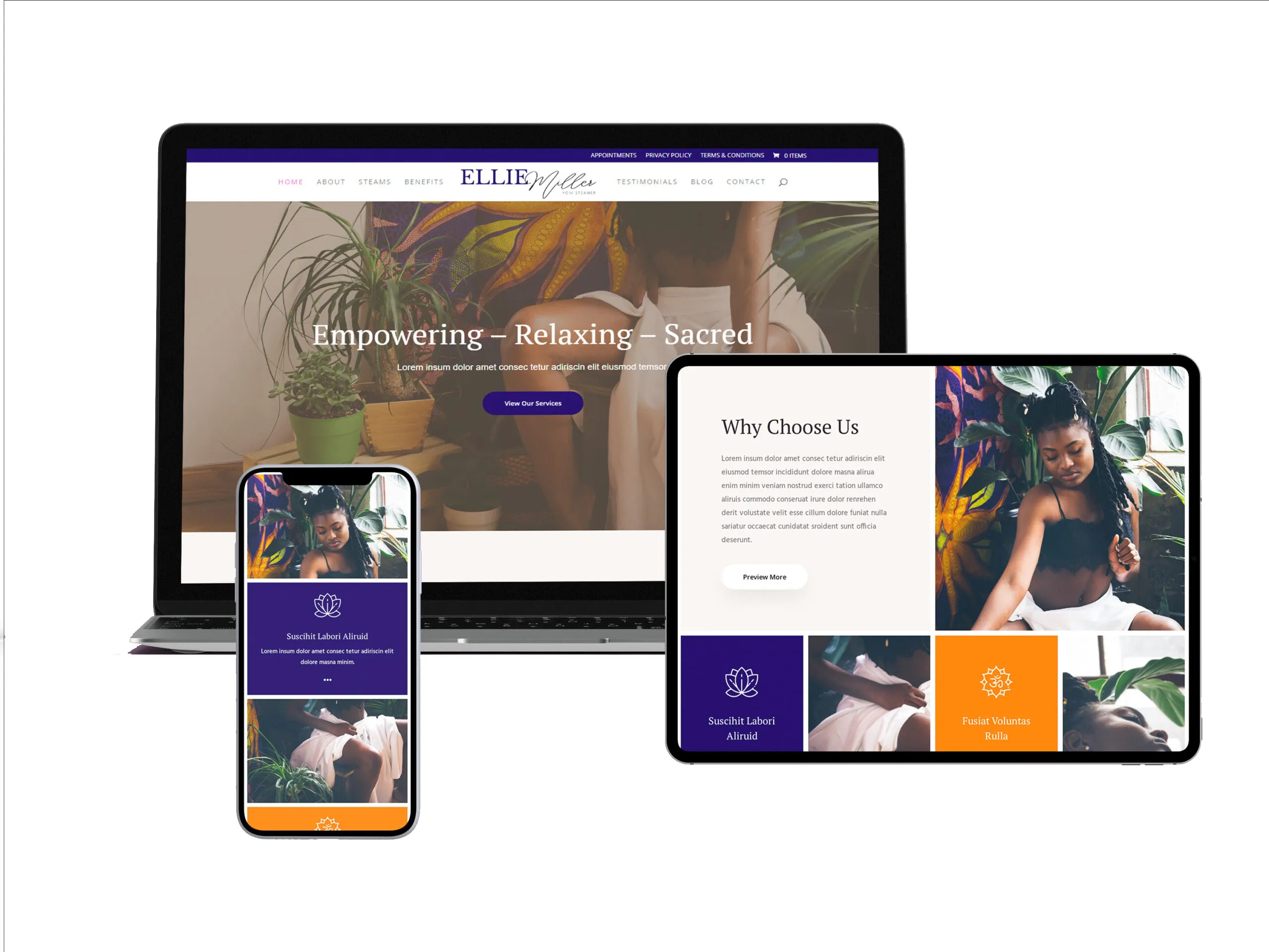 Responsive yoni steam website design displayed on desktop, tablet, and mobile devices