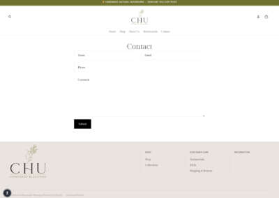 Chu Homemade Blessings Shopify contact page with branded inquiry form
