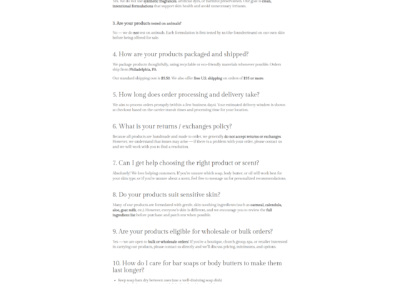 Chu Homemade Blessings FAQ page on Shopify addressing product ingredients, shipping, and policies