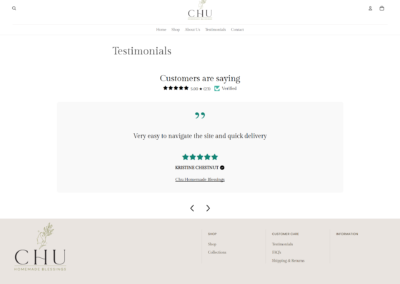 Chu Homemade Blessings testimonial page on Shopify showcasing verified five-star customer reviews