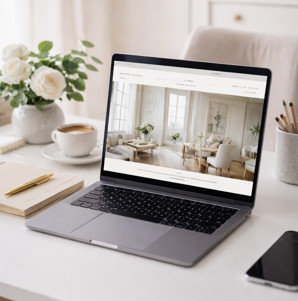 Therapist website design displayed on laptop in calm, neutral office workspace for private practice branding