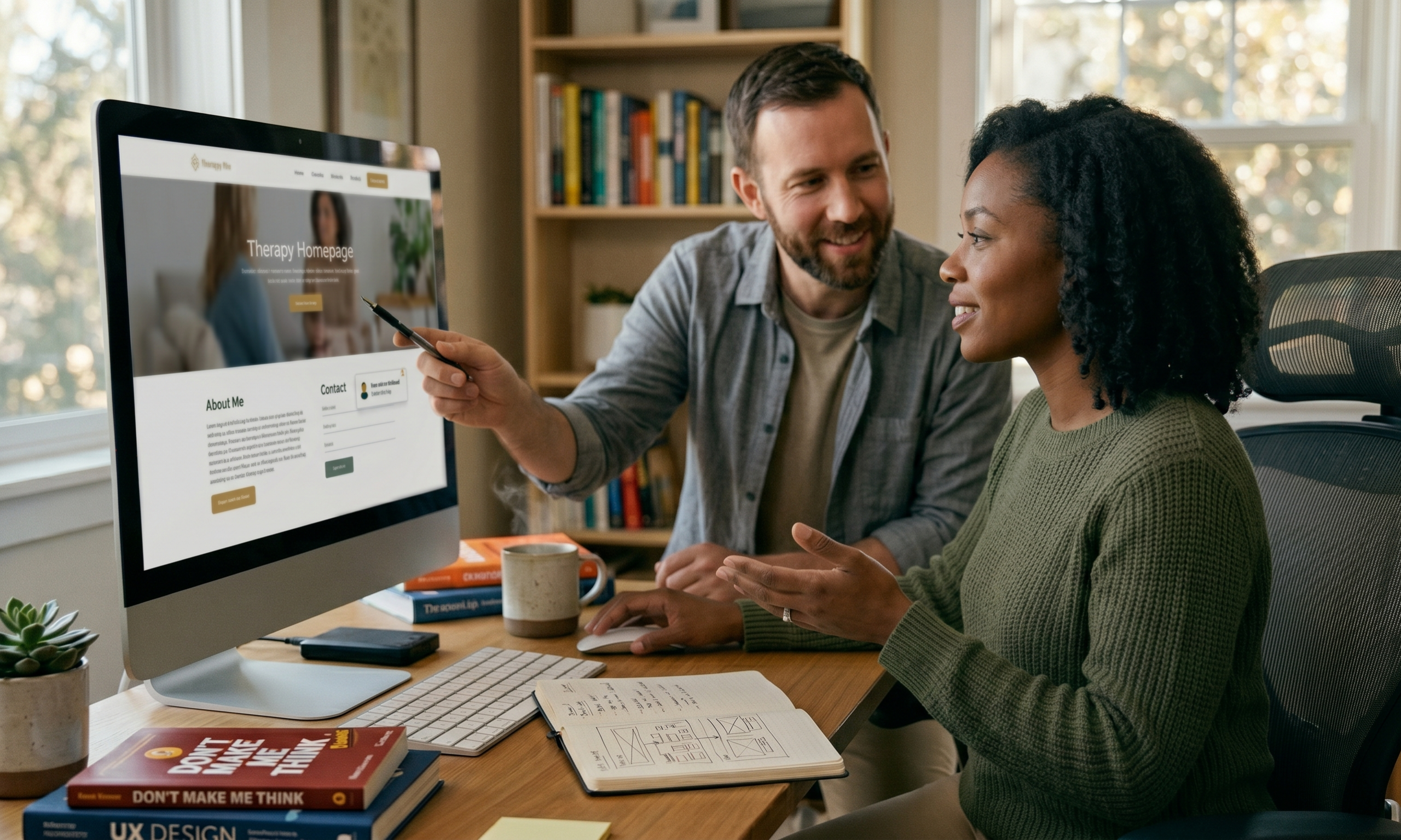 Therapist reviewing website design with developer to improve online inquiries and user experience