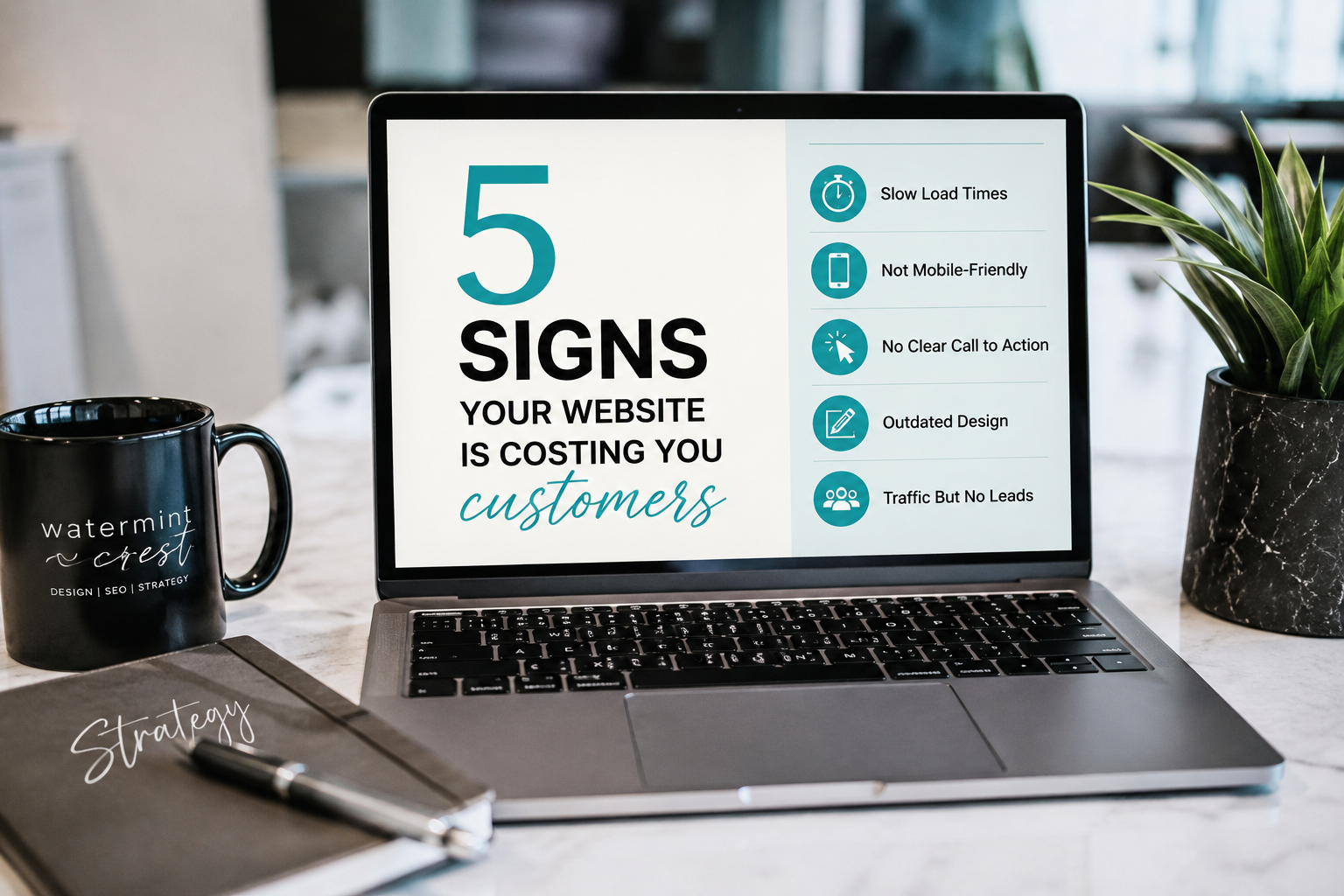 Professional website on a laptop illustrating five signs your website may be costing your business customers.