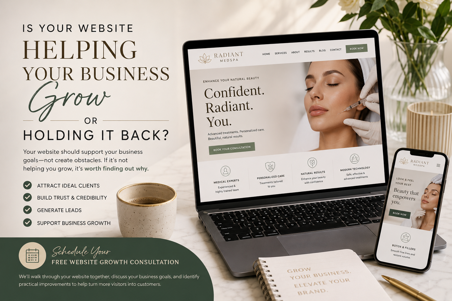 Professional med spa website displayed on a laptop illustrating how a high converting website helps businesses generate leads and grow.
